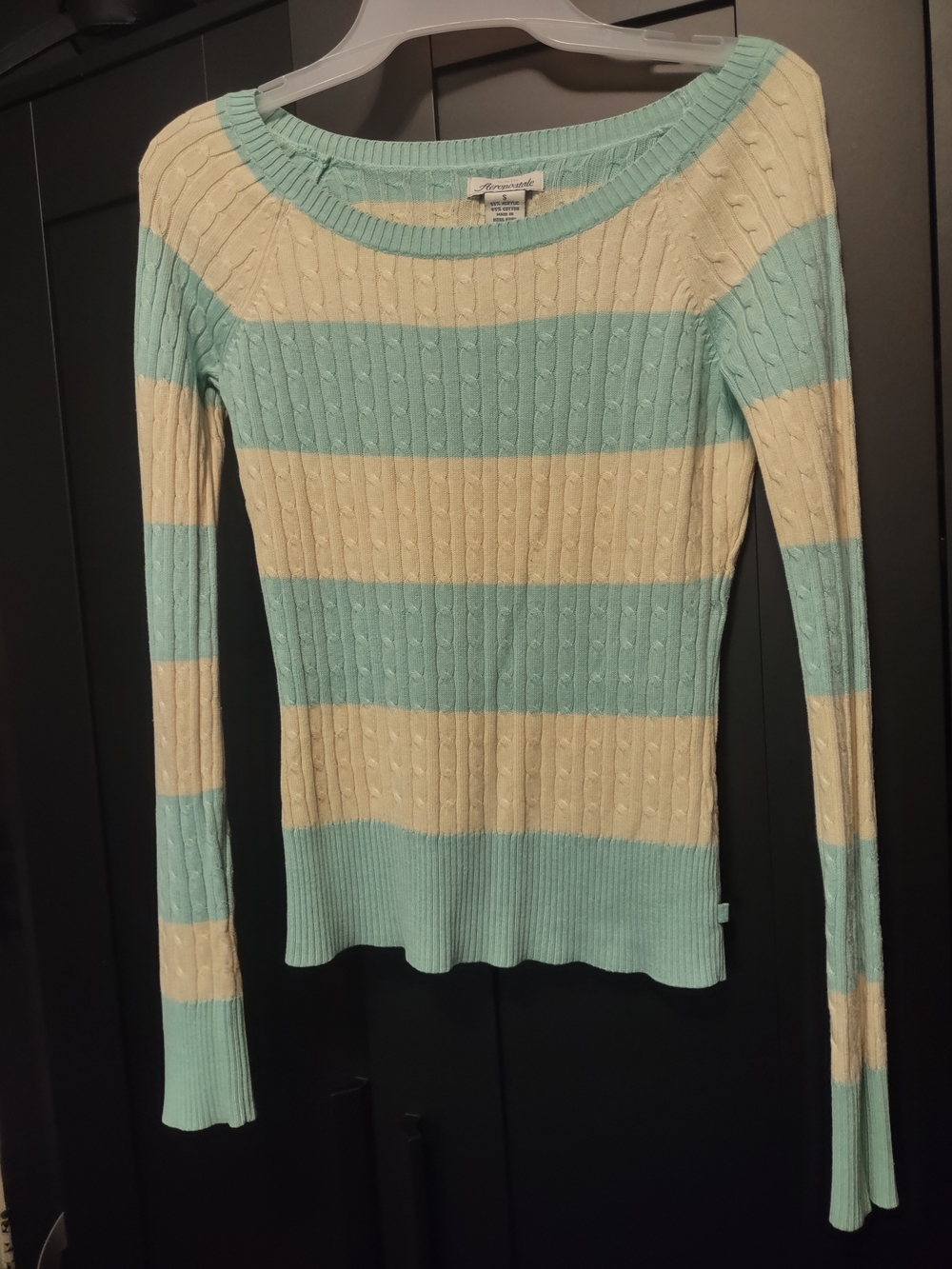 Aeropostale Striped Cable-Knit Scoop Neck Sweater in Mint & Cream